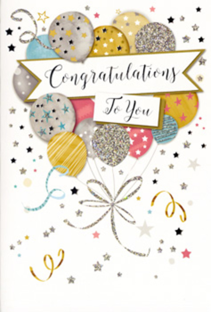 In this image, a refined congratulations card is arranged so that the artwork almost resembles a hand-tied display against a soft, neutral background, much like something you might see in a carefully curated window along Erith High Street. At the heart of the design, a cluster of balloons rises in a loose, organic formation, layered in gentle shades of metallic gold and silver, warm champagne, sky blue, blush pink, and soft grey. The balloons are round and slightly elongated, decorated with fine metallic stripes, scattered star motifs, and subtle touches of glitter, giving them a luminous quality that suggests the glimmer of early evening light near Erith Pier. Long, slender ribbons flow down from the balloons in curling strands of gold and silver, looping gracefully into an ornamental twist at the base, echoing the ribbon tails we use to finish a celebratory bouquet. Around this central grouping, small stars, curls, and confetti-like specks are scattered, as if caught mid-drift in a faint breeze from the Thames, adding movement and levity without overwhelming the scene. A gently curved banner stretches across the centre of the card, holding the message Congratulations To You in elegant, looping script that appears slightly embossed, making the sentiment the visual focal point. There is a refined sense of space and balance: enough shimmer and colour to feel festive, yet soft and understated enough for any milestone. The overall effect recalls the pride and joy of delivering congratulations flowers across Erith, from homes near Franks Park to offices by the station, when someone wants to celebrate an achievement with both beauty and heartfelt sincerity.