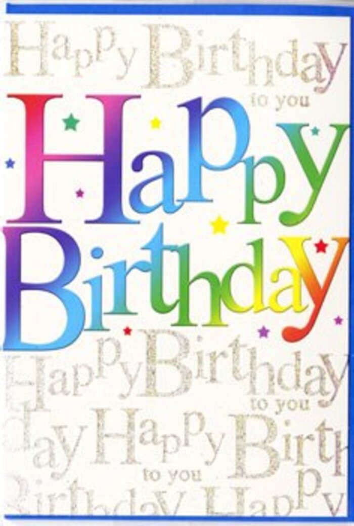 The birthday card shown here captures the essence of a bright, happy celebration in Erith, the kind of greeting that pairs beautifully with a colourful bouquet delivered locally. At the centre of the design, the words Happy Birthday span broadly across the card, written in bold, friendly characters that seem almost to bounce with energy. Every letter holds a smooth sweep of colour that shifts gradually from rich red to vivid pink, soft lilac, cool blue, garden green and golden yellow, reminiscent of a rainbow reflected in the windows of shops along the High Street. The blended colours create a pleasing, flowing rhythm across the card, lending a sense of joyful movement to the message. Behind this eye-catching text, the background remains gentle and understated, with a creamy, off-white tone covered by repeating lines of elegant gold script that quietly repeat the phrase Happy Birthday to you. The script is finely drawn and slightly glittered, offering a delicate shimmer that catches the light like ripples on the Thames by Riverside Gardens on a sunny afternoon. Subtle, star-like details and tiny dots of colour float around the main words, suggesting the lightness of confetti falling at the end of a birthday toast, yet there is enough negative space for the design to breathe. The card's surface appears smooth and refined, with the metallic lettering adding a faint textured contrast. As a florist based in Erith, I often select cards just like this to accompany birthday flowers on same-day deliveries across Northumberland Heath and beyond-a design that feels lively yet sophisticated, ready to make the recipient feel truly cherished on their special day.