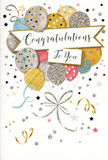 This congratulations card radiates a sense of joyful achievement, like the feeling in Erith when friends gather to celebrate good news. The design centres on a bouquet of illustrated balloons that seem to float upwards, their rounded forms rendered in soft metallic gold and silver, champagne, pale blue, gentle blush pink, and a whisper of grey. Each balloon is embellished with delicate patterns - slim stripes, tiny star clusters, and fine glitter - giving them a subtle sparkle, as though catching evening light along the Thames. From the base of the balloons, slender ribbons in gold and silver twist and curl downward, looping into a decorative flourish that visually anchors the composition, much like a tied bow at the base of a fresh floral arrangement. Surrounding the balloons, tiny stars, swirling lines, and confetti-like dots drift across the pale background, creating the impression of movement, as if party decorations are quietly settling after a cheer near Erith Riverside Gardens. A softly curved banner stretches through the middle, carrying the words Congratulations To You in flowing, elegant calligraphy that suggests warmth and genuine admiration. The design leaves ample negative space so that the pastel tones and metallic highlights can breathe, keeping the card sophisticated and gentle on the eye. It feels perfectly suited to accompany a bouquet sent for exam results, a job promotion, or any proud moment, whether we're arranging delivery for a home off Bexley Road or a local office in DA8. The card visually translates the emotion of well done into a light, shimmering celebration on paper.