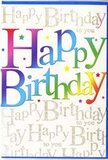 This image shows a birthday card that radiates uncomplicated joy, much like the atmosphere of a cosy birthday tea in an Erith home. Across the front, the words Happy Birthday are displayed in large, inviting letters that dominate the composition. Each letter is bathed in a soft, continuous gradient, moving from deep, juicy red through bright pink, lilac, sea-blue, leafy green and warm yellow, creating a rainbow effect that feels smooth and natural, not overly loud. It's the sort of colour harmony you might associate with a row of party balloons swaying in the breeze near Erith Pier. The backdrop is kept light and sophisticated, with a creamy base colour overlaid by delicate bands of handwritten-style gold script that repeats Happy Birthday to you all over the surface. The gold lettering carries a hint of glitter, catching tiny flashes of light, much like evening sun glinting off cars along the A206 as you head home with a bunch of flowers. Small, twinkling star shapes and coloured specks float around the main words, gently reinforcing the sense of celebration without clutter. Visually, the card surface appears sleek and slightly glossy, inviting to the touch, while the metallic script likely has a faintly raised texture. From the perspective of a local florist, this is exactly the kind of card we'd slide into a bouquet wrap for a same-day birthday delivery around Erith-bold enough to feel festive, yet graceful enough to suit any age, turning a simple birthday message into a keepsake that reflects the warmth and care behind the gesture.