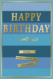 An elegant blue and gold birthday card stands as the focus of the scene, exuding a calm, thoughtful cheer that would feel right at home in an Erith kitchen or lounge on a birthday morning. The background is made up of wide horizontal stripes of blue, moving gradually from dark navy at the base through rich teal and mid-blue, to a softer, almost pastel sky blue at the top. This layered ombre effect creates a sense of depth, like looking out over the changing tones of the sky above the Thames. In the centre of the card, the phrase HAPPY BIRTHDAY is embossed in large, gold capital letters. The gold is metallic yet mellow, with a slightly brushed finish that sparkles gently when it catches the light, giving the main message a sense of importance without being overbearing. Directly beneath these words, a decorative golden flourish stretches across the card, its graceful curves suggesting tradition and a touch of romance. Below the flourish, three slim golden ribbons are arranged one under the other, each banner carrying part of an encouraging sentiment: Relax, have a great day and enjoy! The entire front of the card is framed by a fine gold border, which outlines the design neatly and adds a finishing touch of polish. The overall look is smooth, balanced, and inviting, much like a carefully chosen card sitting beside a vase of fresh flowers delivered in Erith, ready to greet the birthday recipient with warmth, kindness, and a moment of unhurried joy.